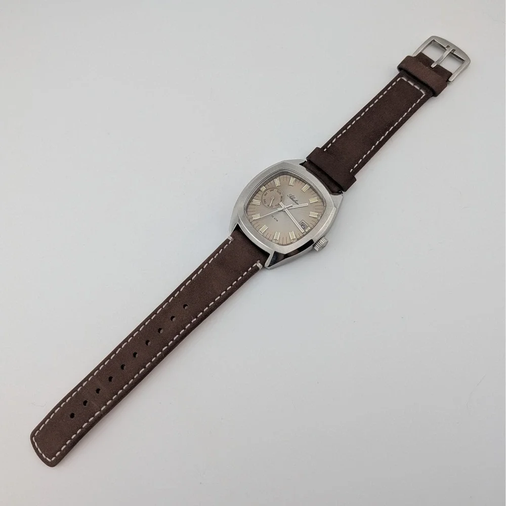 Selectron Cubic SCUB-10 Day Date Watch Taupe Sunburst 10 ATM Leather Strap Lume‎